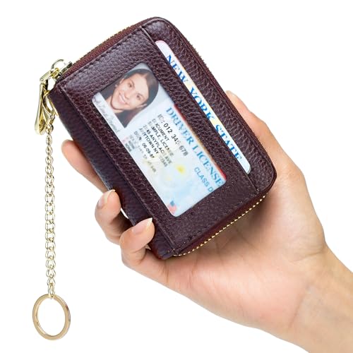 imeetu RFID Credit Card Holder, Small Card Wallet Women, Leather Card Case | Genuine Leather Women's Card & id Cases, Change Coin Purse with Zipper Keychain id Window, 20 Colors & 3 Styles, Daily, Gifts - color: Pro - Purple Coffee, size: Pro
