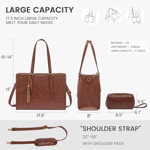 LOVEVOOK Laptop Bag for Women Vintage Leather Laptop Tote 17.3 inch Large Capacity Computer bag with Clutch Purse for Work - color: Brown, size: 17.3 inch