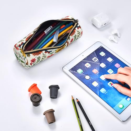 OSAM SPACE Leather Pencil Case Round Pencil Bag Flowers Dragonflies Butterfly Pen Organizer Holder Portable Zipper Pouch Cute School Supplies for Girls Boys Study Office - color: Flowers Dragonflies Butterfly