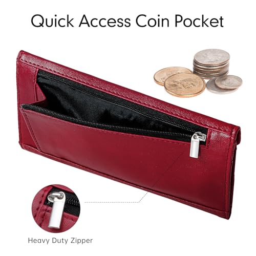 Rfid Credit Card Holder Wallets for Women Leather Zipper Slim with Coin Pocket, Wine Red - color: Wine Red