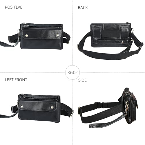 Water Resistant Canvas + Leather Hiking Riding Travel Fanny Waist Pack Small Phone Pouch For Men Women FB811-29 (100% Leather-The 8136 Black) - color: 100% Leather-The 8136 Black