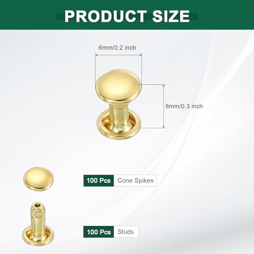 uxcell 100 Sets Double Cap Leather Rivets, 6x8mm Round Cap Metal Studs Rivets for Leather Craft Repair DIY Purse Belts Bags Shoes, Gold - color: Gold, size: 6x8mm
