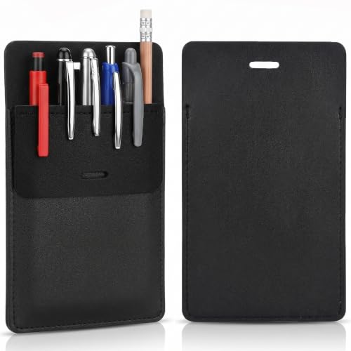 Heavy Duty PU Leather Pen Pouch for Men, Fits Shirts/Lab Coats/Pants, Holds 5 Pens, Prevents Falling When Bending, No Broken Clip, Also Holds Pencils, Pointers, Cards & Notes, Black, 2/Pack