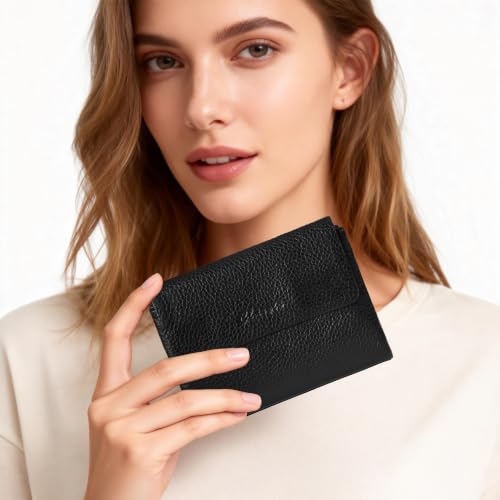 Women's Bifold Wallet, Genuine Leather, Magnetic, ID Window | Holds 10+ Cards, 2 Zip Coin Pockets, Pebbled Cowhide, Snap Closure, Large Capacity, Multiple Colors, Compact 5.5x3.9in - color: B-Black