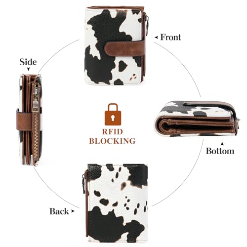 GOIACII Small Wallet Women RFID Blocking Trifold Clutch Ladies Credit Card Holder Zipper Pocket Wallets for Women Cow Print - color: Cow Print