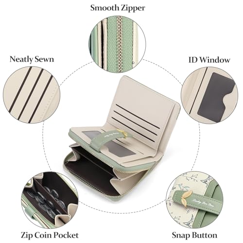 GAEKEAO Small Wallets Woman RFID Blocking Vegan Leather Bifold Floral Ladies Purse Card Holder with Zipper Pocket ID Window - color: Z-Green