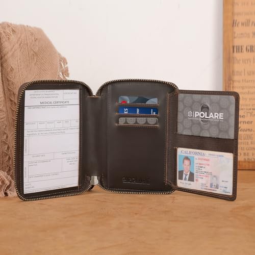 Polare Leather Pilot Wallet Passport Holder RFID Blocking Tri-fold Travel Cover Document Organizer for Aviation Professionals (Dark Brown(YKK Zipper Version)) - color: Dark Brown(YKK Zipper Version)