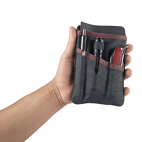 Hide & Drink, Multi-Tool Pocket Pouch, Compact Multipurpose EDC Zippered Bag, Mini Camping Tool Case, Waxed Canvas, Knife Holster, Handmade Slim Organizer - color: Charcoal Black/Sangria