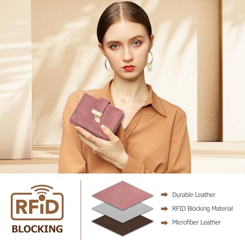 HUANLANG Small Wallets Women RFID Blocking Ladies Wallet with Zipper | Women’s Wallet Credit Card Holder, Leather, ID Window, Zipper Coin Pocket, Bifold,Perfect Gifts,Fits Small Purses,Travel,Pink - color: Pink