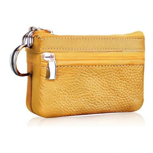 Women's Leather Small Coin Purse with Key Ring, Mini Zipper Card Holder Wallet, Yellow - color: Yellow