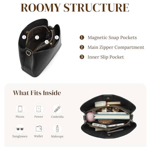 S-ZONE Leather Crossbody Bags for Women Medium Bucket Purses with 2 Straps | Top Grain Leather, Shoulder Handbag, Multi Compartments, Roomy Capacity, Bottom Rivets, for Travel or Daily - color: Black
