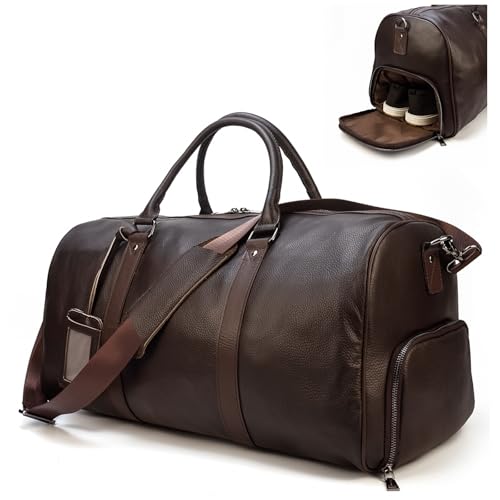 Leather Travel Bag Large Capacity Luggage Duffel Bag with Shoe Compartment, Men Women Weekend Shoulder Handbag for Holiday Business Trip (55cm-Brown) - color: 55cm-Brown