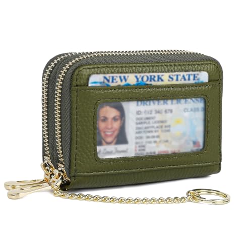 imeetu Rfid Credit Card Holder, Businese Card Case, Wallet for Women Men | Genuine Leather Card Wallet with id Window, Keychain & Double Zipper, Water-resistan Small Wallet with Gift Box, Daily Travel - color: Max - Olive Green