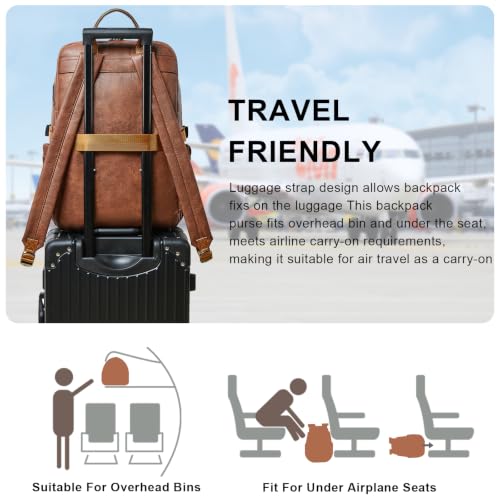 Leather Laptop Backpack for Women Fits 17" Laptop, with RFID Wristlet Purse - color: Brown