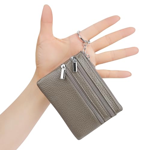 Women Genuine Leather Coin Purse Small Keychain Change Wallet - color: Grey