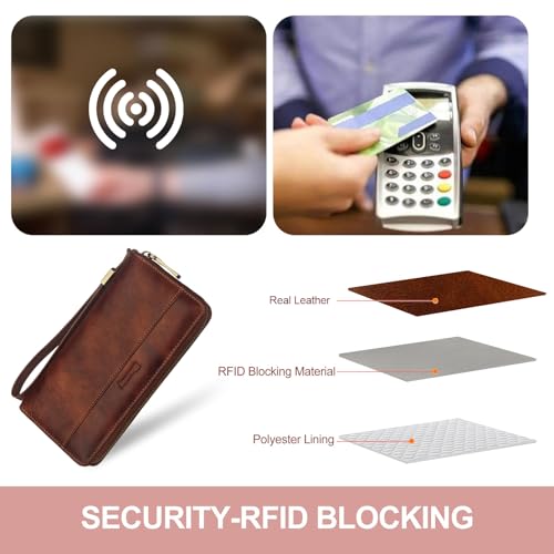 Leather Long Wallet Women With Wristlet,RFID Blocking(darkbrown) - color: a2-darkbrown