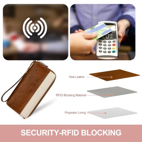 Real Leather Wristlet Wallet Women With RFID Blocking(brownwhite) - color: a7-darkbrown white