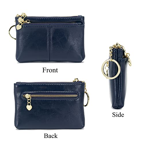 Women PU Leather Zip Mini Coin Purse With Key Ring Triple Zipper Card Holder Wallet (Navy) - color: Navy