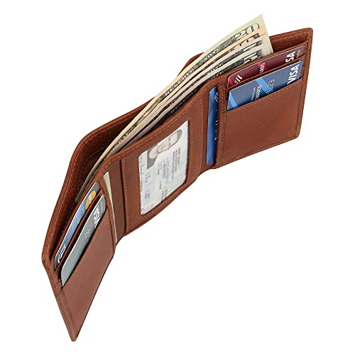 Genuine Leather Mens Trifold Wallet RFID Blocking with 6 Credit Card Slots 1 ID Window Section for Bills 2 Hidden Pockets | Tan - color: Tan, size: 6 Card + 1 ID
