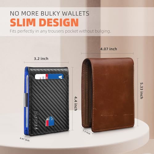 RUNBOX Slim Wallet for Men - RFID Blocking Leather Bifold with Money Clip | Minimalist Front Pocket Wallet Holds 11 Cards,Slim Thin Design,RFID Blocking Protection, Practical Birthday Gifts for Men - color: Carbon Black&Blue