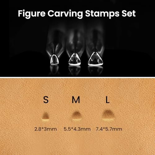 Professional Figure Carving Stamps Set of 3-304 Steel Leathercraft Stamping Tool & Diamond Knurled Handle (7.4mm/5.5mm/2.8mm) for Portrait, Animal, Floral Leather Sculpting