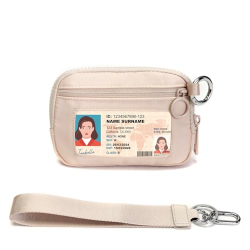 Keychain Wallet for Women with Clear ID Window, Coin Pouch and Wrist Strap | Quick-Access Design with Front Zip Pocket, 3 Card Slots, Inner Mesh Pocket and Lipstick Holder - color: Light Beige