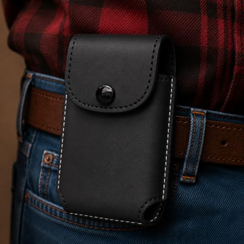 Custom Leather Phone Holster, Heavy Duty Belt Pouch Case with Snap Closure, EDC Waist Carry Cell Phone Sheath (Black) - color: Black
