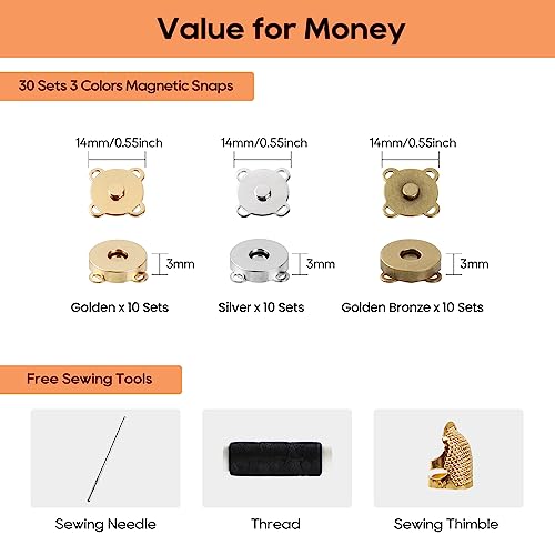 30Sets Magnetic Snaps Clasps with Sewing Accessories (Needle Thread Thimble) - Magnetic Purses Closure Buttons Clasps for Sewing DIY Craft, Purses, Bags, Clothes, Leather (14MM-3Colors) - color: 30Sets 14mm Sewing