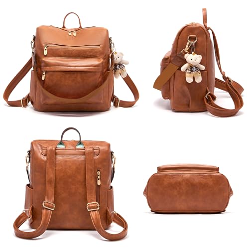Soperwillton Women Backpack Purse Shoulder Handbags Travel Bag Set 2pcs | Soft PU Leather,Large Capacity,Many Pockets,with a Functional Wallet,with a Detachable Shoulder Strap,Multipurpose Design - color: Brown
