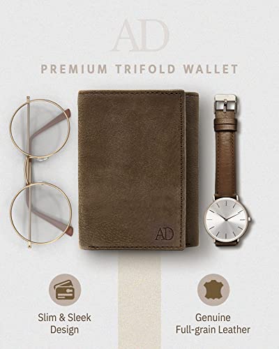 Trifold Wallets for Men - Slim RFID Blocking Wallet for Securing Personal Data - Front Pocket Friendly Genuine Leather Wallet - Mens Wallets Trifold with ID Window - Tri Fold Wallet Gifts for Men - color: Suede Brown