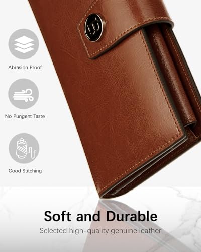 BOSTANTEN Womens Leather Wallet RFID Large Capacity Credit Card Holder | 20 Card Slots, Phone Holder, Zipper Coin Pocket, Clutch Wallet, Long Bifold, Ladies Gifts, Brown - color: D-Brown Red