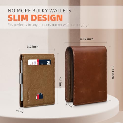 RUNBOX Slim Wallet for Men - RFID Blocking Leather Bifold with Money Clip | Minimalist Front Pocket Wallet Holds 11 Cards,Slim Thin Design,RFID Blocking Protection, Practical Birthday Gifts for Men - color: Vintage Brown