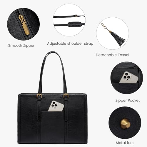 LOVEVOOK Laptop Bag for Women Vintage Leather Laptop Tote 15.6 inch Large Capacity Computer bag with Clutch Purse for Work - color: Black, size: 15.6 inch