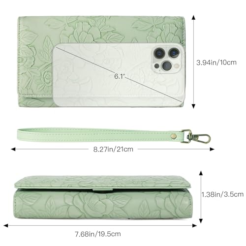 GAEKEAO Wallets for Women Vegan Leather RFID Blocking Card Holder Trifold Ladies Long Purse Wristlet Clutch with 3 ID Windows - color: Green