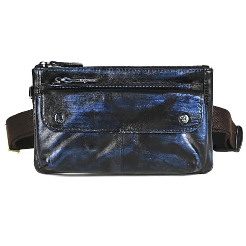 Water Resistant Canvas + Leather Hiking Riding Travel Fanny Waist Pack Small Phone Pouch For Men Women FB811-29 (100% Leather-The 8136 Blue) - color: 100% Leather-The 8136 Blue