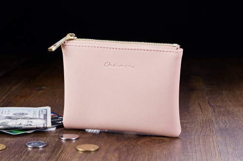 Chelmon Vegan Leather Coin Purse Pouch Change Purse With Zipper For Men Women - color: Pink Lotus
