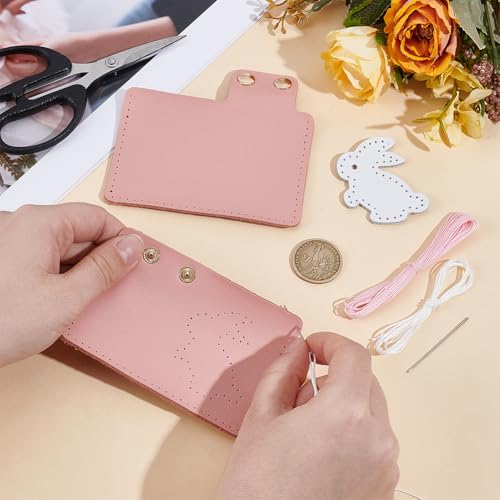Rabbit Credit Card Bag Sewing Set DIY Genuine Leather Purse Making Kit Handmade Small Purse Crochet Knitting Supplies for Women DIY Birthday Bridal Wedding Gift(Pink) - color: Pink