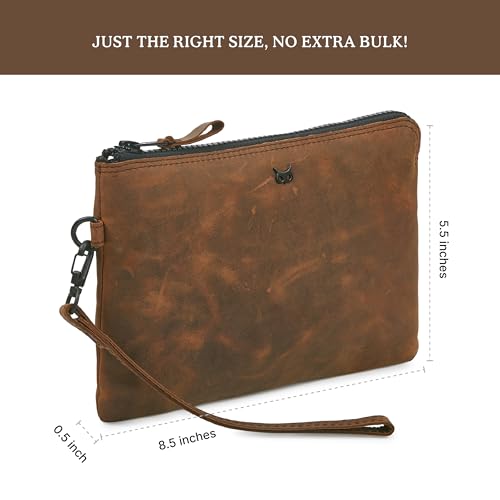 Leather Wristlet Wallet for Women Clutch Handbag Purse with Cell Phone Slot | Genuine Top Grain Leather, 8 Credit Card Slots, Detachable Strap, YKK Zipper, Gifts for Women - color: Cognac Crazy Horse
