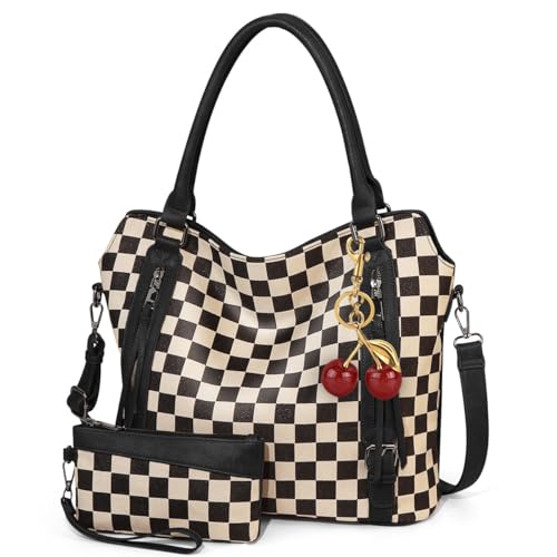 Checkered Tote Bag Large Checkered Purses for Women Plaid Hobo Shoulder Bag Multiple Pockets Tote Handbags - color: C02-black With Cherry