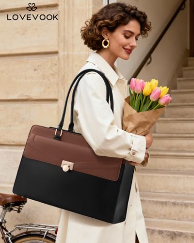 LOVEVOOK Laptop Tote Bag for Women, PU Leather Work Bag, Teacher Tote - color: Black / Brown, size: 15.6inch