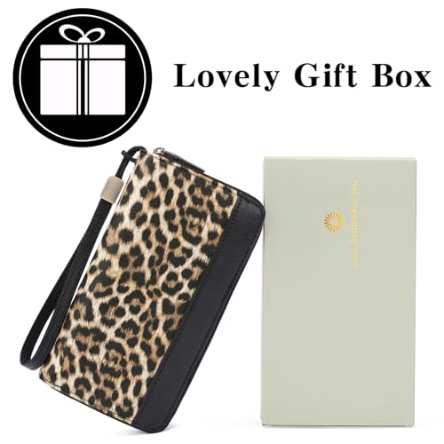 GOIACII Women's Wallet RFID Blocking Leather Wristlet | 2 Zip Around, Large Capacity, Credit Card Holder, Ladies Phone Clutch Purse - color: A18 Leopard Print Black