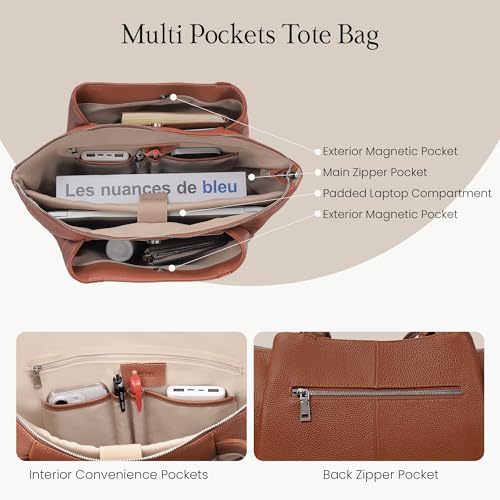 befen Genuine Leather Tote Bag for Women Work Leather Totes Purse Handbag | Real Leather, 14" Laptop Sleeve, Tassels, Multi-Pockets, Zipper - color: Cognac Brown