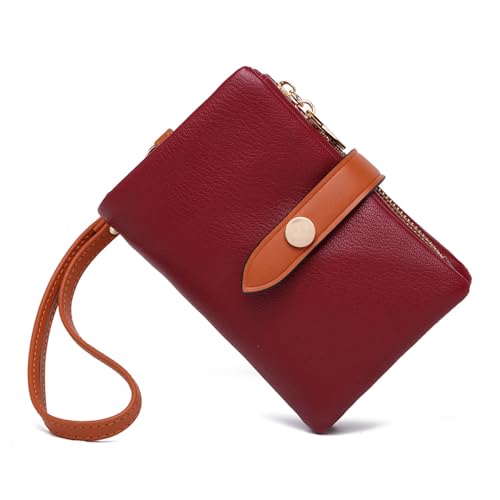 Wallets for Women Small Bifold Rfid Leather Ladies Wallets,Compact Wristlet Womens Billfold,Trifold Card Holder with Multi Credit Card Slot Zipper Coin Pocket and Wrist Strap(Red) - color: Red