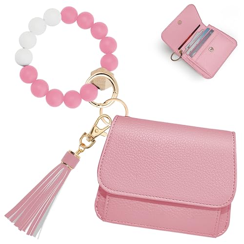 Keychain Wallet for Women,RFID Wristlet Wallet with Beaded Strap | Tri-Fold Design,6 Card Slots,ID Window,Zipper Coin Pocket,Lightweight Carry - color: Pink
