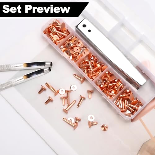 100Sets Copper Rivets Assorted Leather Rivets Kit for Leather Working Brass Rivets with Solid Rivet Tool Setter Rivets for Leather for Belts Wallets Collars Leather Bracelets DIY Craft Supplies