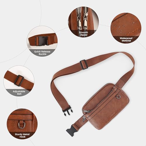 TAMTOMI Fanny Packs for Women Men Everywhere Belt Bag Vegan Leather Waist Packs with Adjustable Strap Crossbody Chest Bag Travel for Workout - color: Brown