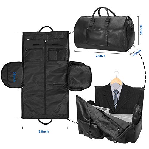 seyfocnia Convertible Travel Garment Bag,Carry on Garment Duffel Bag for Men Women - 2 in 1 Hanging Suitcase Suit Business Travel Bag - color: black-2pockets-Leather