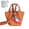 Genuine Leather Bucket Bag with Shoulder Strap, Organizer Insert & Silk Scarf for Women Handbag Tote Bag - color: Brown-gold