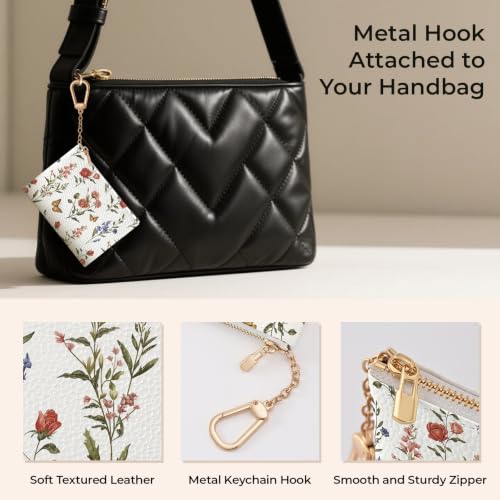 Flower Butterfly Keychain Coin Purse for Women, Cute Change Pouch | Zipper Key Chain Purse, Small Little Zip Pocket, PU Leather, Travel Wallet for Girls, Tiny Coin Holder, Key Ring, Women Gifts - color: Flower Butterfly