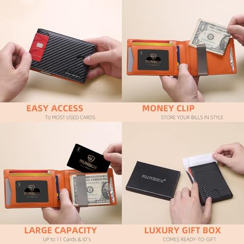 RUNBOX Slim Wallet for Men - RFID Blocking Leather Bifold with Money Clip | Minimalist Front Pocket Wallet Holds 11 Cards,Slim Thin Design,RFID Blocking Protection, Practical Birthday Gifts for Men - color: Carbon Black&Orange